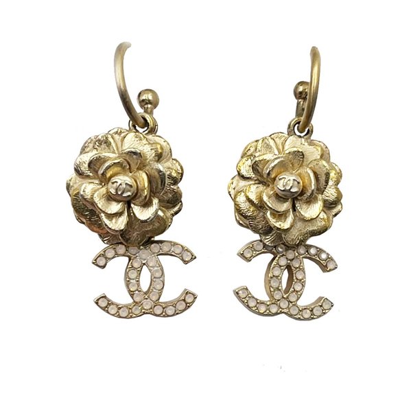 Chanel Gold Camellia Flower CC Opal Crystal Dangle Piercing Earrings - Picture 1 of 4